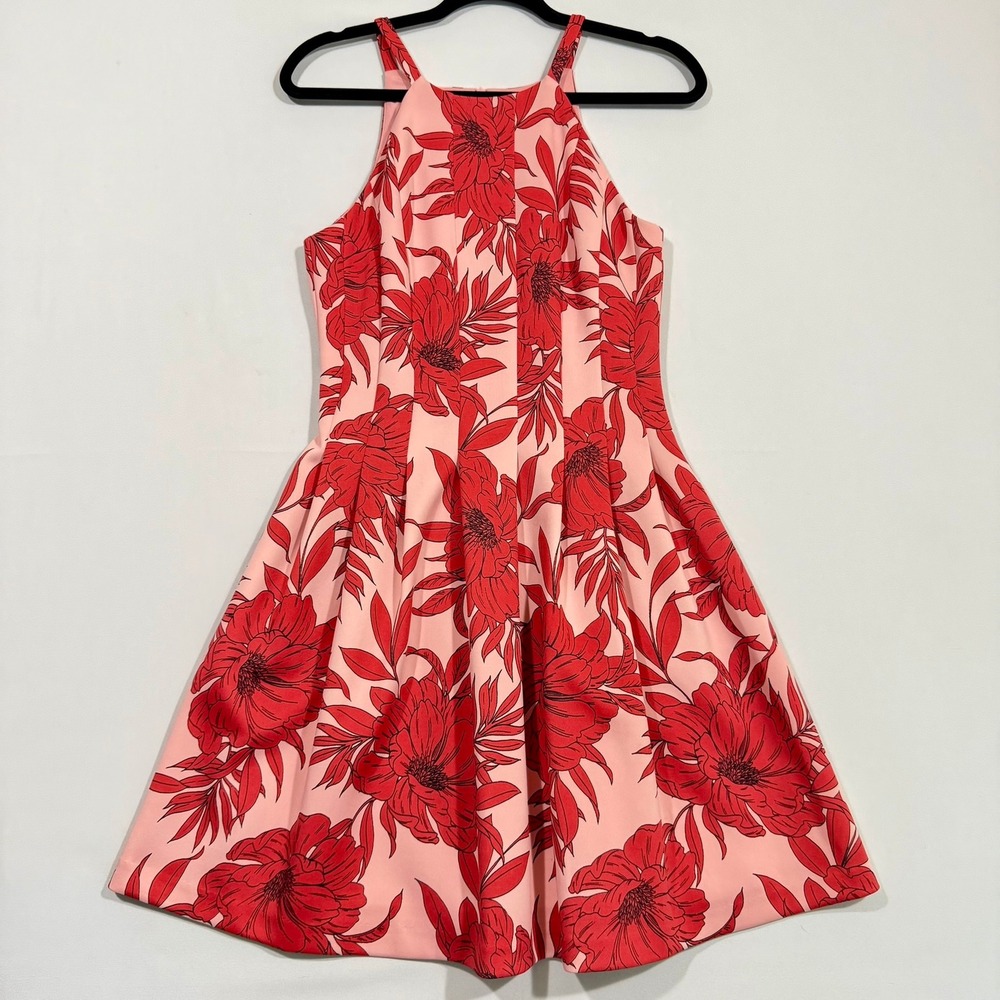 Vince Camuto Dress Women 6 Pink Red Floral Halter Fit Flare Scuba Pleated Pocket
